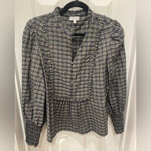Sedge Plaid Ruffle Blouse - Blue, Green, Gray